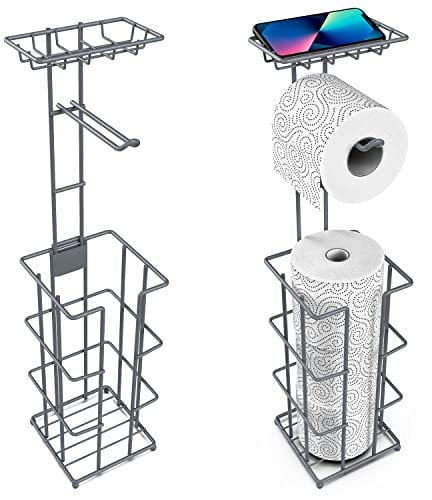 Vinsani Metal Freestanding Toilet Paper Roll Holder & Storage - 4 Tissue Paper Rolls with Multifunctional Storage Rack Minimalist Modern Style Rust Resistant for Toilet Bathroom – Grey