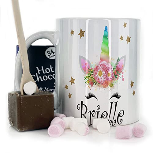 Personalised Mug and Belgian Milk Chocolate/Hot Chocolate Stirrer Marshmallow Gift Set, Custom Name (11oz) White, Yellow, Blue, Black, Pink Mug with Rainbow Horn Unicorn Design, Unicorn Mug