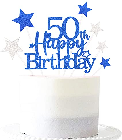 Glittery 50th Cake Topper with Star men women 50 Birthday Party Supplies, Fifty Years Old Birthday Party Decorations Royal Blue