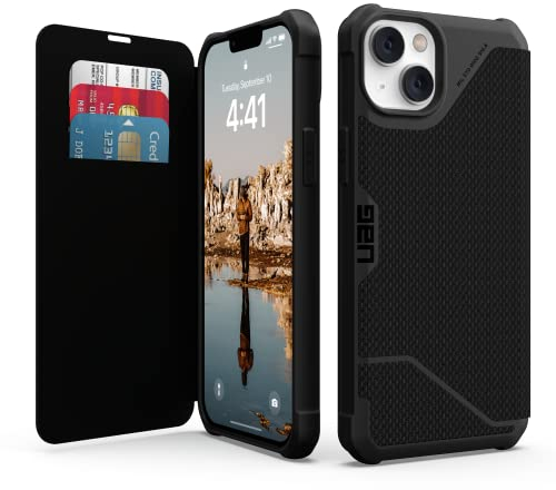 Urban Armor Gear Metropolis Folio Hülle kompatibel mit Apple iPhone 14 Plus [Wireless Charging (Qi) kompatibles Cover, Case mit Standfunktion & Kartenfächern] Kevlar schwarz