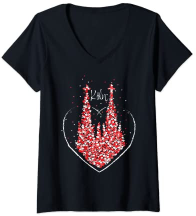 Damen Rot Weiss Köln Kölner Dom Karneval Fasching Kostümersatz T-Shirt mit V-Ausschnitt