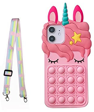 CrazyLemon Fidget Toys Hülle für iPhone 14, Bubble Pop it Zappeln Silikon Handyhülle Weich Einhorn Schutzhülle mit Schlüsselband Rucksackgurt für iPhone 14 - Rosa