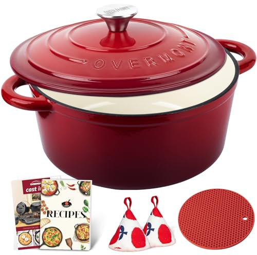 Overmont 5QT Dutch Oven aus emailliertem Gusseisen mit Deckel, strapazierfähig, antihaftbeschichtet, mit Doppelgriffen zum Schmoren, Eintöpfe, Braten, Brot backen