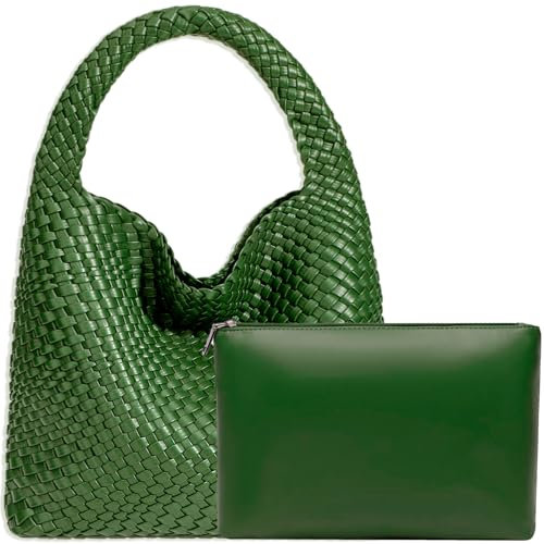 JINMANXUE Damen-Handtasche aus veganem Leder, handgewebt, modische Schultertasche, Top-Griff, Unterarmtasche mit Geldbörse, Palmengrün