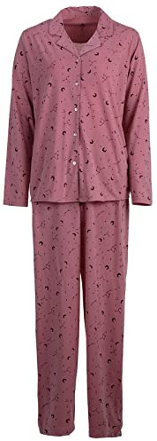 Zeitlos Schlafanzug Pyjama Damen Langarm Mond Sterne Oberteil V-Ausschnitt Knöpfe Baumwolle