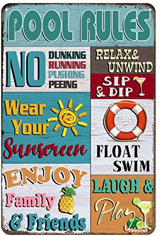 Vintage Metallschild Pool Rules Blechschild Vintage Pool Terrasse Wanddekoration Schwimmbad Schild Outdoor Dekor Schild 30,5 x 20,3 cm