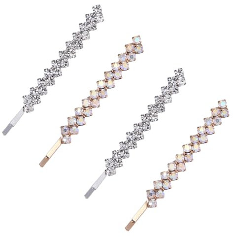 4 Pieces Rhinestone Bobby Pins Bling Crystal Metal Hair Clips Grips Slide Single Row Slim Diamante Rhinestone Bobby Pin for Brides Girls (4, Silver/Rose Gold)