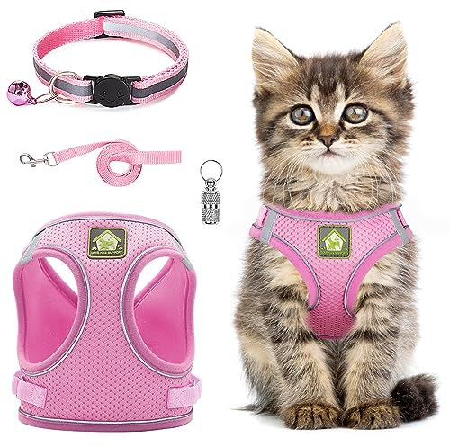 Cat Harness and Lead Set,Adjustable Reflective Stripe Cat Kitten Walking Vest with Leash Cats Collar,Escape Proof Soft Mesh Vest Harness and Lead for Small Medium Cats Pets Walking