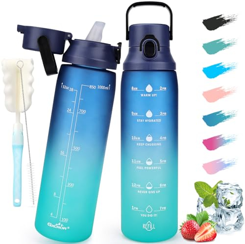 1 Litre Water Bottle with Straw, BPA Free Leakproof Sports Water Bottles with Motivational Time Marker, Large Drinking Bottles Flask Great for Gym, School, Office and Outdoors (Dark Blue Green)