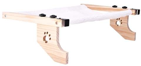 Pfotenolymp Katzen Hängematte Fenster, weiß-braun-graues Tuch und weißes Tuch, Katzen Fenstersitz, Holz und Baumwolle, stabil und langlebig Cat Window Perch