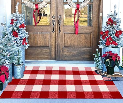 Weihnachtliche Outdoor-Teppiche, 61 x 130 cm, rot-weiß, Büffelkariert, handgewebt, maschinenwaschbar, für Innen- und Außenbereich, mehrlagig, Fußmatten für Eingang/Schlafzimmer/Außenbereich