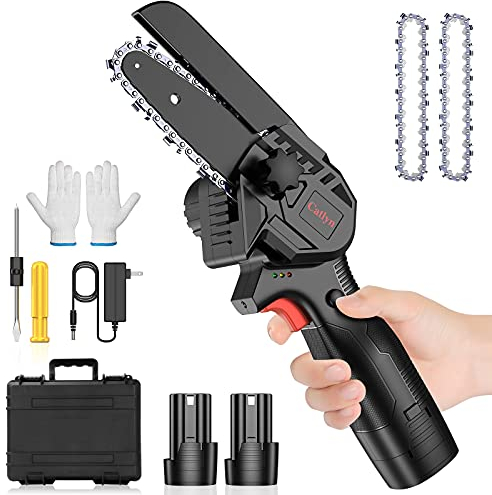 Mini Tronconneuse a Batterie, 4 Pouces Tronçonneuse Électrique Sans Fil Petite Portable, 2 Chaînes, 2 Piles et Chargeur pour La Croissance des Branches et la Coupe du Bois