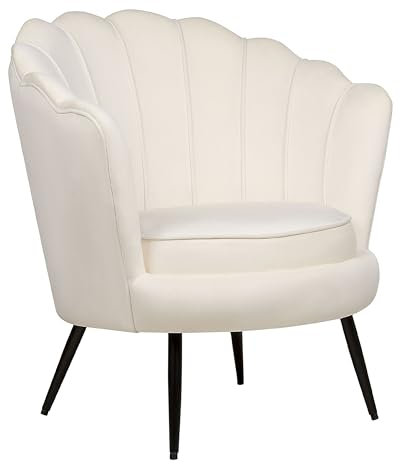 Beliani Fauteuil Rétro en Velours Blanc Cassé Forme Coquillage Pieds en Métal Noir Lovikka