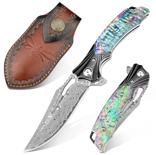 Zingbee Damascus Pocket Knife for Women, 3.15 VG10 Damascus Steel Blade EDC Folding Knife with Sheath, Abalone Shells Handle, Ideal Gifts for Woman Men