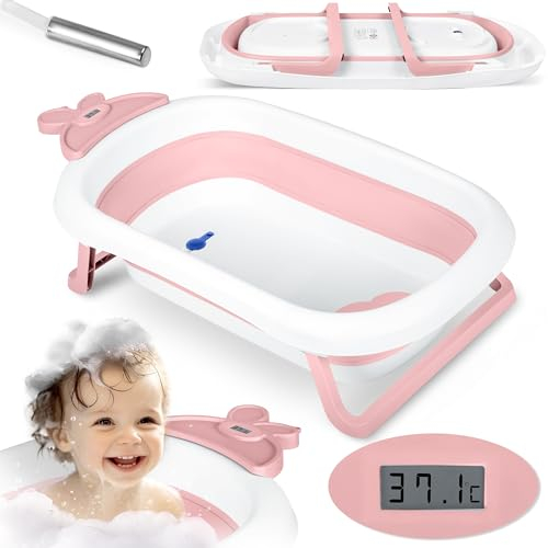 Ricokids Bañera Bebé Plegable Ligera Con Termómetro LCD Integrado Patas Antideslizantes Desde El Nacimiento Hasta Los 6 Años 0-45 kg 51 x 10 x 21,5 cm Blanco Rosa