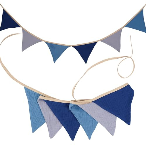 G2PLUS Muslin Fabric Bunting for Nursery: 6PCS Double Side Cloth Triangle Banner, Blue and Grey Cotton Bunting Banner for Baby Room, Nursery, Baby Shower Decor, 1.9m