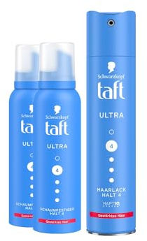 TAFT Schwarzkopf Schaumfestiger Ultra (2x150ml) Haltegrad 4 Haarschaum für alle Haartypen & Haarlack Ultra (250ml) Haarstyling, Haarspray, gestärktes Haar, vegane Formel*