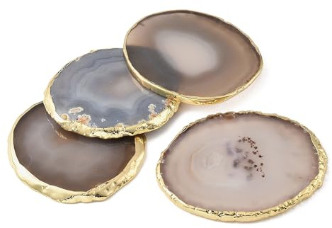 XhuangTech Untersetzer aus Achat mit goldenem Rand, 8–10 cm, ca. 80 g, Naturstein, Getränkeuntersetzer, Tassenmatten, Untersetzer-Set mit Anti-Rutsch-Aufklebern für Zuhause/Büro/Schreibtisch/Bar