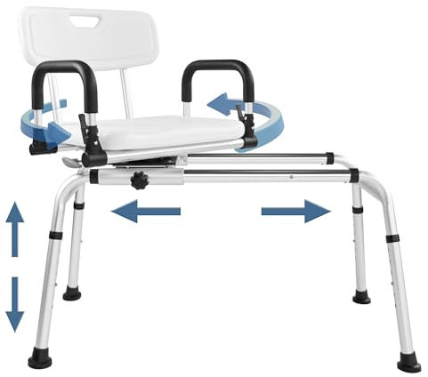 EOSPRIM Asiento Bañera Adulto Cómoda Transferencia ,Silla de Ducha Deslizante con Asiento Giratorio,Banco de Transferencia de Bañera,Silla Bañera Giratoria 360º,con Asa Acolchada,Blanco