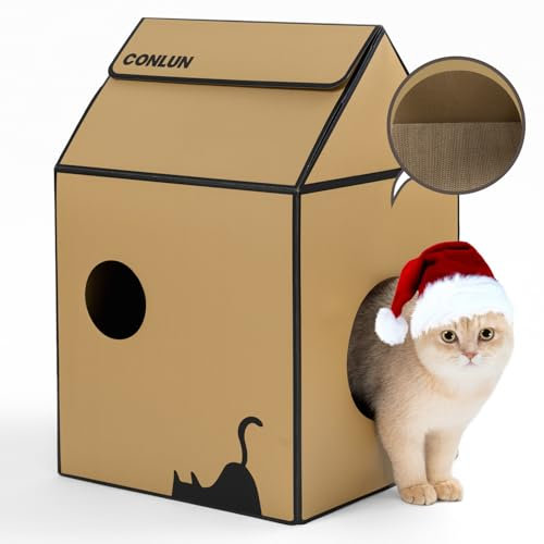 Conlun Rascador para Gatos Casa de Rascadores Carton & Catnip, Fácil de Montar Juguetes Gata para Rascar & Descansar, Cama Gato Cueva Casas Interior, cumpleaños