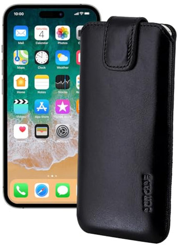 Suncase ECHT Ledertasche Leder Etui *Slim-Edition* kompatibel mit iPhone 16 Pro Max (6,9 Zoll) Hülle (mit Rückzugsfunktion und Magnetverschluss) in schwarz