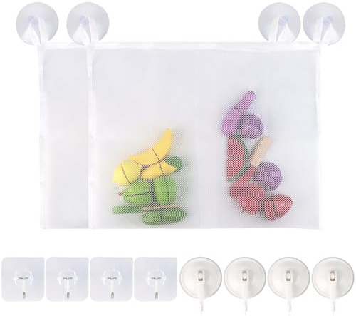 TPTGIAR 2 Pieces Durable Bath Toy Storage Net Bag, Bath Toys Storage Organizer with 4 Suction Hooks, Bath Toy Net with 4 Waterproof Self Adhesive Hooks, Bathroom Toy Storage Mesh Net for Kids
