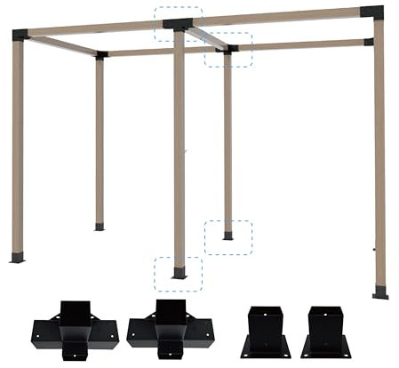 Pergola Bracket Kit 4x4, 2pcs 4-Way Heavy Duty Corner Bracket and 2pcs Base, Used to Connect Extended Pavilion Wooden Beams, for Gazebo, Patio Pergolas, Log Cabin Outdoor, Wood Stand Sheds