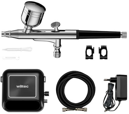Wiltec HS-A10K Kompressor Zubehör Set 2,8 bar, Airbrush Set 12 V, Airbrushpistole mit 0,3 mm Düse, Druckluft Kompressor mit Air Brush