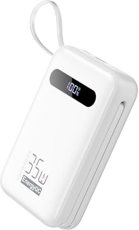EnergyQC Power Bank, 20,000mAh 35W PD 3.0+QC 4.0 Fast Charging Portable Charger with Built-in USB-C in&Out Cables, Battery Pack for iPhone 16/15/14 Series, Galaxy, iPad, AirPods,White
