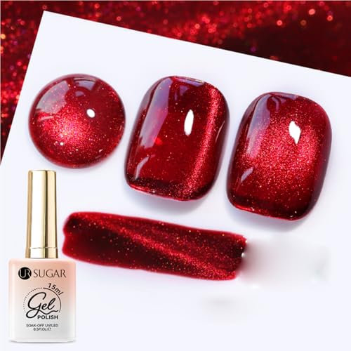 UR SUGAR Cat Eye UV Gel Nagellack Rot, 15ML Burgund Rot Kirschrot Glitzer Kristall Jelly CatEye, Rots Magnet Cat Eye Nagellack Soak-Off UV Nail Polish für Maniküre Salon
