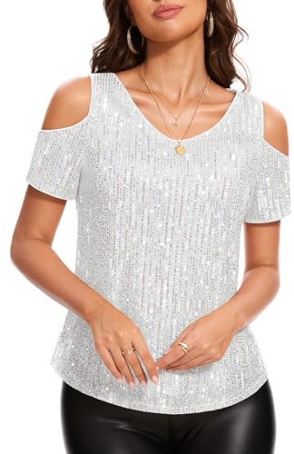 DRESSTELLS Pailletten Oberteil Damen Glitzer Shirt Schulterfreies Metallic Top Elegant Festliche Blusen Sommer Party Outfit White Silver L