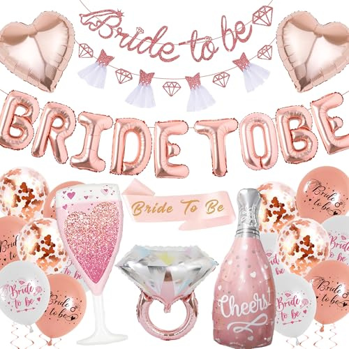 Hen Party Balloons Decorations Set - 49 Pieces Wedding Decoration Rose Gold Bride to Be Banner Sash, Heart Champagne Diamond Foil Balloon for Bridal Shower Supplies
