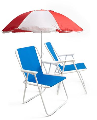 THE SECRET HOME - Pack de Sombrilla y Dos Sillas de Playa Plegables - Ideal para Playa y Piscina - Sombrilla y Sillas de Aluminio y Revestimiento de Tela (Pack 17)
