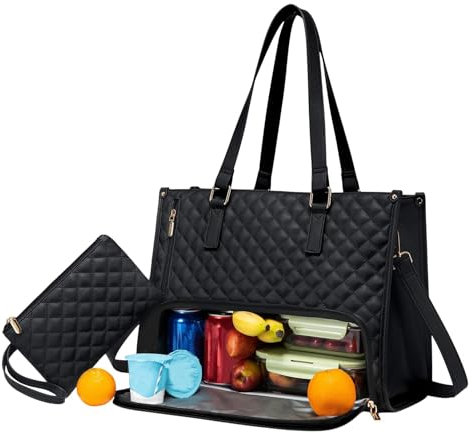 Sac à déjeuner pour femme - Sac pour ordinateur portable 15,6 avec compartiment à déjeuner isotherme - Grand sac de transport avec compartiment à déjeuner - Sac de transport 2 en 1 - Combinaison de