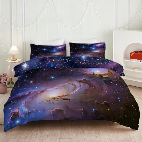 dyausi Housse de Couette 140x200 Galaxie Housse de Couette 1 Personne en Microfibre, Parure de Lit Univers Voie Lactée Nébuleuse avec Taies d'oreiller 65x65, Bleu Violet E173