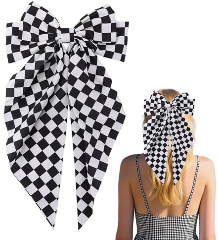 Haarspangen mit Großer Schleife und Langem Zopf, 38x20cm Karierte Haarspangen für Frauen Schwarz Weiße Haarschleifen Clips Racing Karierte Flaggenschleifen Haar Accessoire