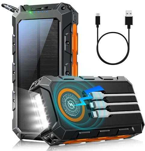 52800mAh Solar Powerbank, 30W PD 3.0A USB C Power Bank Schnellladen mit 3 Kabeln, 3 Port (2 USB & 1 Type-c), 15W Wireless Charger, LED Leuchtanzeigen, Taschenlampe, Externe Handy-Akkus für Smartphone