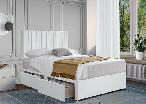 ComfoRest – Spacious 6FT Super King Size Divan Bed with Mattress and Malia Headboard – 2 Drawer Storage Base | Bed & Mattress Sets | Super King Frame for Stylish Bedrooms (White Plush)