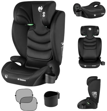 TULANO Joy 20 Kinderautositz für Kinder von 100–150 cm – Sicherer Autositz | für 3,5–12 Jahre - Bequeme Sitzschale mit verstellbarer Kopfstütze - Ohne Isofix - Mit Getränkehalter - Schwarz