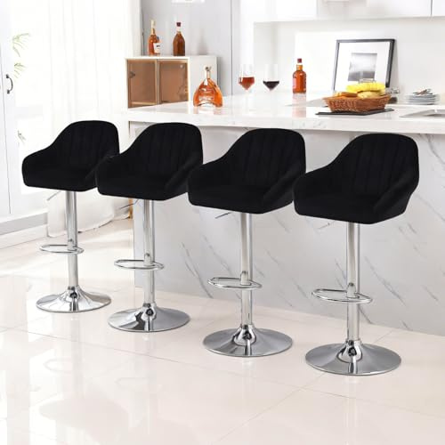 Chummaven Tabouret de Bar Réglable en Hauteur Lot de 4, Chaise de Bar Cuisine en Velours avec Accoudoir Dossier, Chaise Haute Bar Moderne Pivotante avec Repose-Pieds, pour Îlot Central, Noir