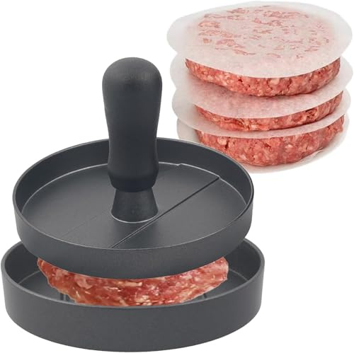 XVICO Burgerpresse mit Griff, antihaft Burger‑Form für Grill und Küche | Wiederverwendbare antihaft Burgerpresse mit 100 Stück Trennpapier, zur Herstellung von Patties für Grill‑ und Küchengebrauch