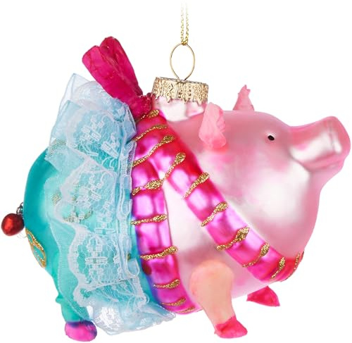 BRUBAKER Lustiges Schwein mit Schleife und Tutu - Weihnachtskugel aus Glas - Handbemalt und Mundgeblasen - Christbaumschmuck Christbaumkugel Figuren Weihnachtsdeko Anhänger - Deko Baumkugel