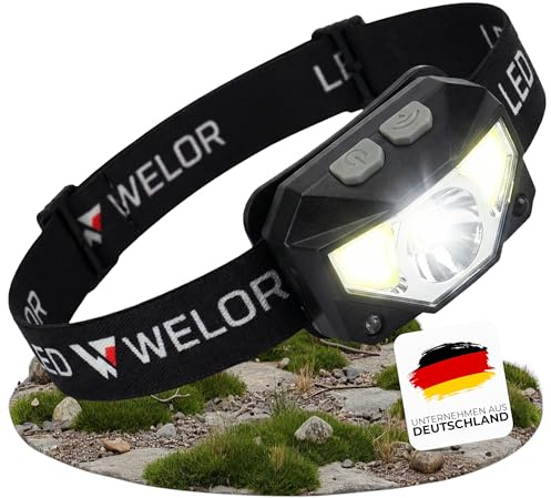WELOR Stirnlampe LED wiederaufladbar – Kopflampe mit Sensor, 800 Lumen, 8 Lichtmodi, IPX45 wasserdicht, ideal für Camping, Joggen, Arbeiten & Outdoor