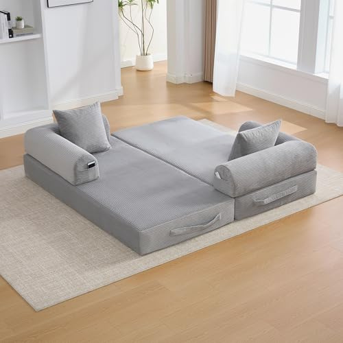 Sapgaks - Sofá convertible de 3 plazas con estructura de metal resistente, bolsillos laterales y 3 cojines, sofá modular de pana, se puede combinar libremente, sofá cama, gris claro