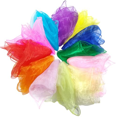 wutdgeg 12 pieces colourful juggling cloths, square sensory scarves, chiffon scarf、60 x 60 cm juggling scarves, magic, scarf accessories, dance performances, sensory juggling, creative projects