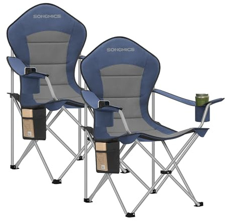 SONGMICS Campingstuhl 2er Set, klappbar, Klappstuhl, breiter Sitz, hohe Rückenlehne, Outdoor-Stuhl, tragbar, Outdoor-Stuhl, Getränkehalter, Handyhalter, Stoff-Organizer, blau-grau GCB005QE01-2J