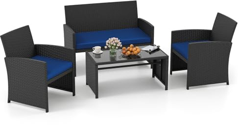 SOARS Salon de Jardin Exterieur en Rotin PE, 4 Personnes (Noir+Bleu) | Canape Exterieur avec 2 Fauteuils à Coussins, Table Basse Verre, pour Patio, Balcon, Cour, Charge 360KG+180KG+45KG