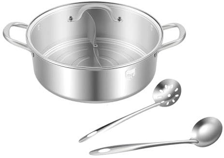 Hot Pot Inox Double Compartiment,Poêle Chinoise épaisse en Acier Inoxydable,avec couvercle en verre et 2 cuillères Convient,Pour plaques à induction,Cuisinières à gaz