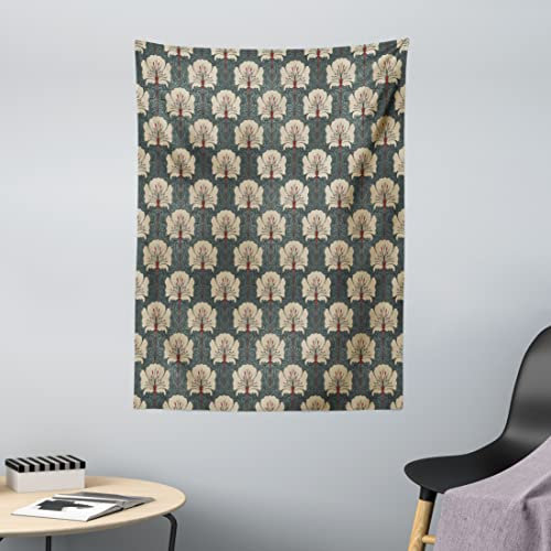 ABAKUHAUS Floral Wandteppich, Art Nouveau Mohnblumen aus Weiches Mikrofaser Stoff Waschbar ohne Verblassen Digitaldruck, 110 x 150 cm, Hellgrau Zinnoberrot