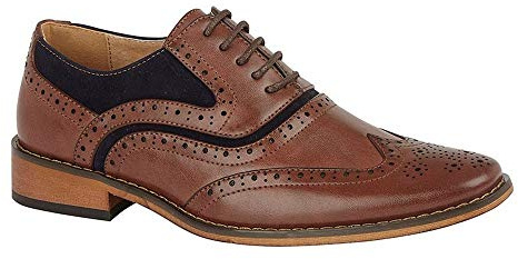 Goor Boys Leather Brogue Oxford Shoe - 5 Eye Lace Up, Dark Tan/Navy, 5 UK
